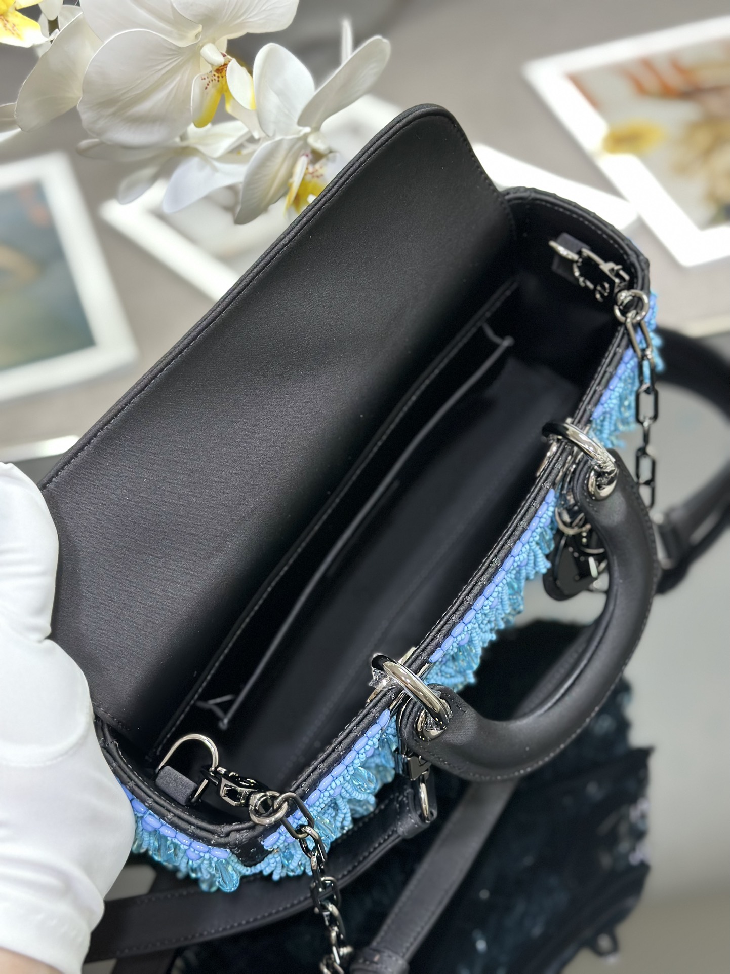 Medium Lady D-Joy Bag Black Satin Embroidered with Blue Beads